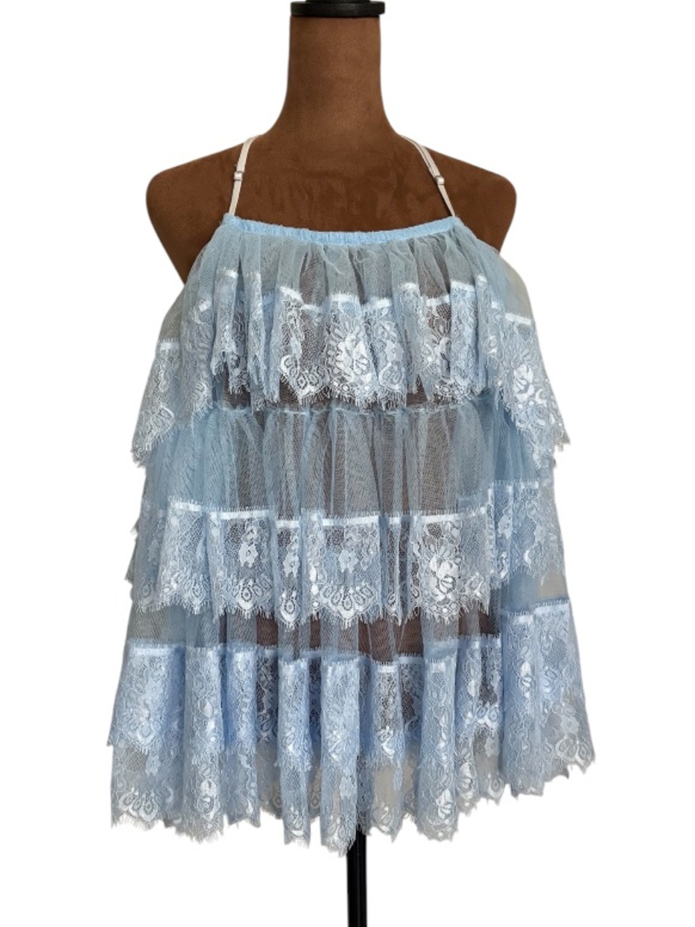 NWOT Free People Intimately Party Please Ruffle Lace Tunic Top Blue Small
